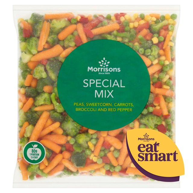 復 Calories in Morrisons Special Mix Peas, Sweetcorn, Carrots, Broccoli